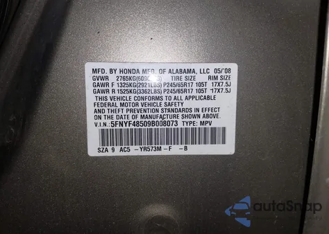 2009 Honda Pilot Ex-L z USA, uszkodzony, nr VIN 5FNYF48509B008073